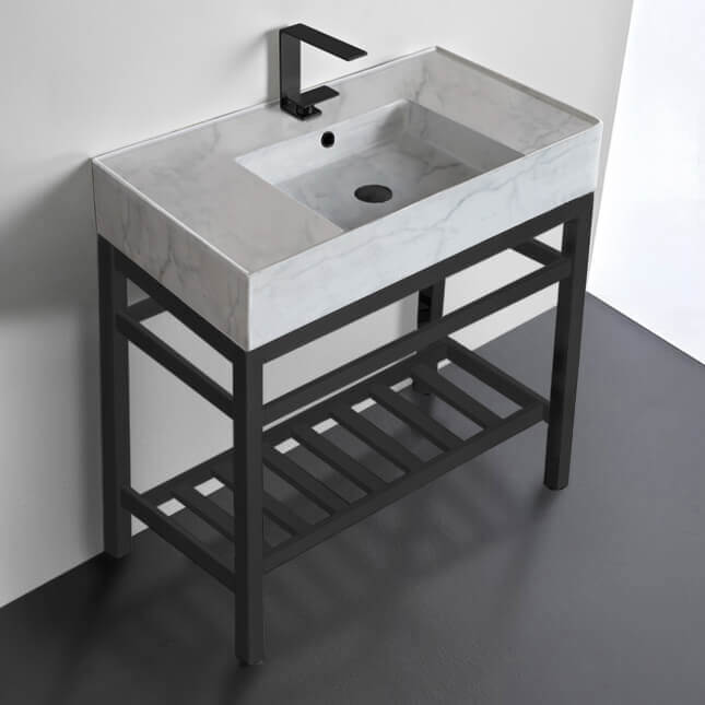 Console Bathroom Sink, Scarabeo 5123-F-CON2-BLK, Modern Marble Design Ceramic Console Sink and Matte Black Base, 32